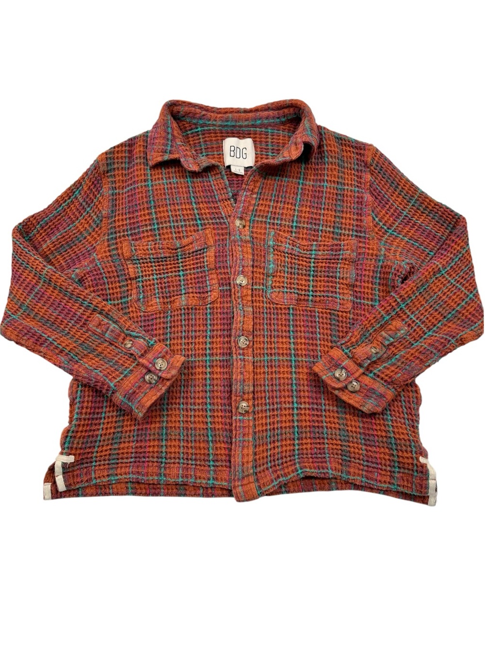 BDG Bryson Waffle Plaid Oversized Button Down Shirt L Rust Teal Shacket